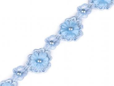 Spitzenborte mit Blüten und Perlen Breite 30mm Hellblau